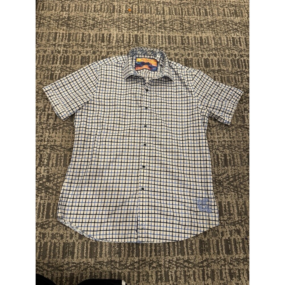 Men’s Robert Graham Short Sleeve Button-Up Shirt Blue Checkered Medium Paisley